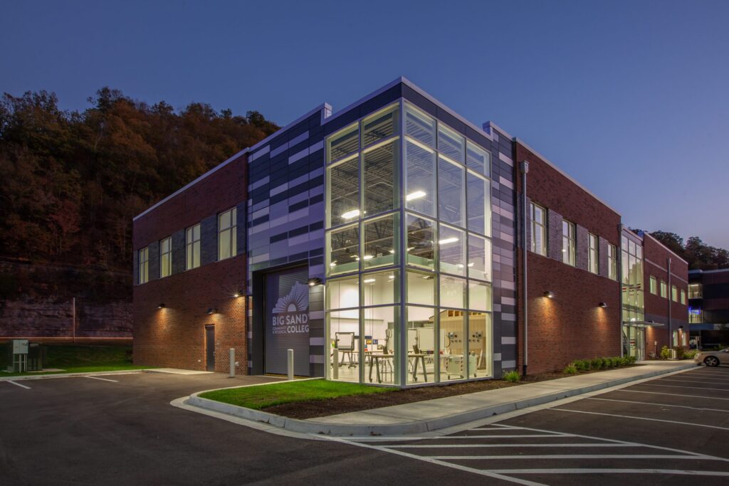 higher education building exterior in the evening