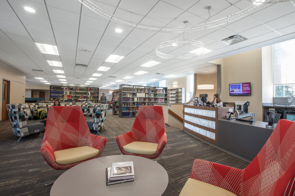higher education front desk library|higher education lobby space|higher education library student space|higher education student studying library|higher education collaborating student space|higher education study space student collaborating||||||||||