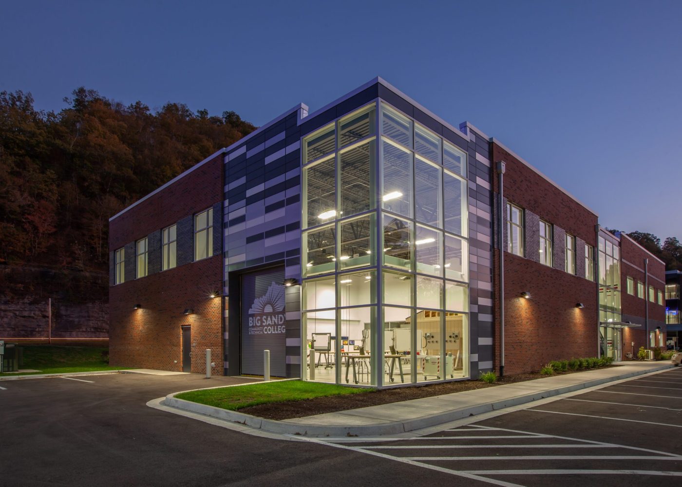 higher education building exterior in the evening