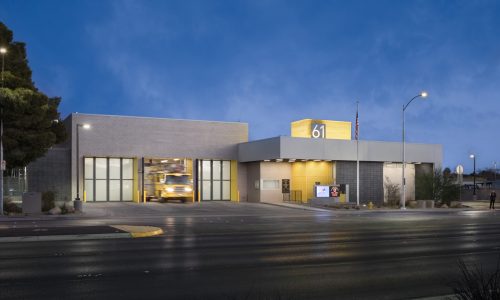 Twilight view of Clark County Fire Station 61 in Las Vegas, NV.