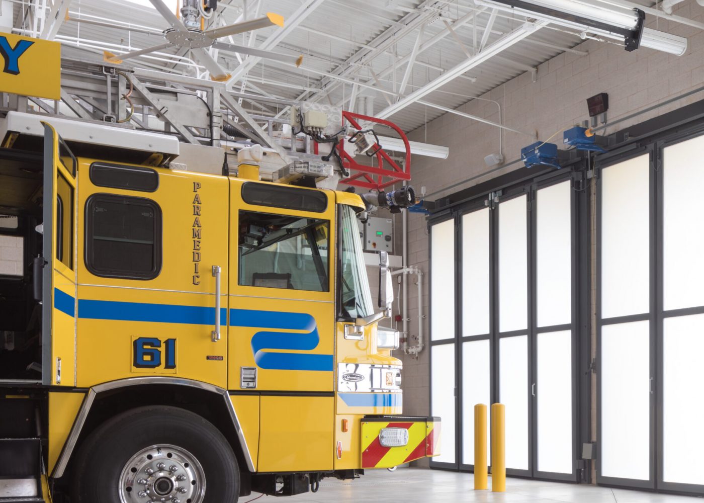 A fire engine is parked ready for action inside the apparatus bay at Clark County Fire Station 61 in Las Vegas, NV.