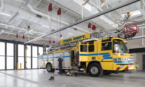 The fire engine is parked ready for action in the apparatus bay at Clark County Fire Station 61 in Las Vegas, NV.
