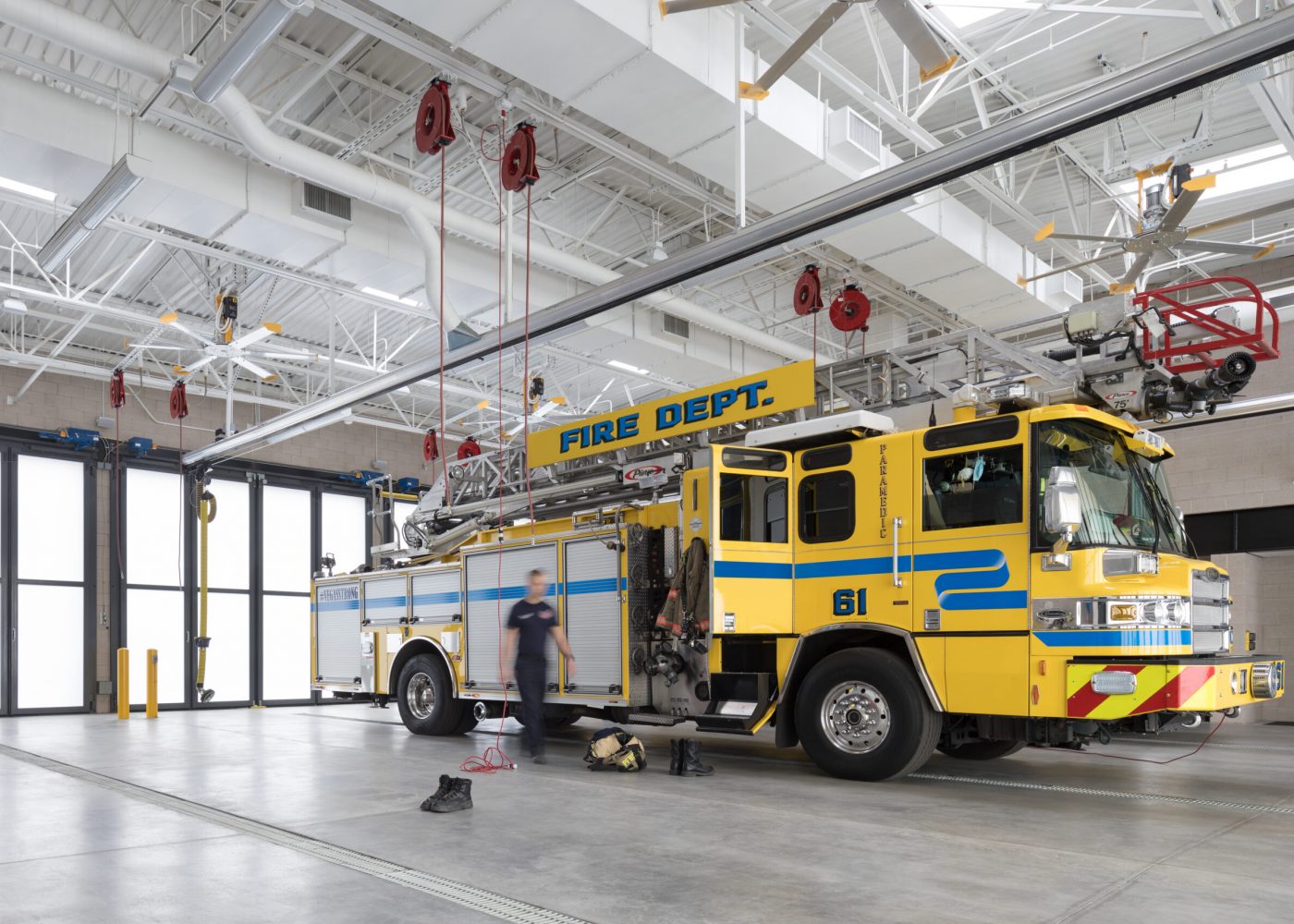 The fire engine is parked ready for action in the apparatus bay at Clark County Fire Station 61 in Las Vegas, NV.
