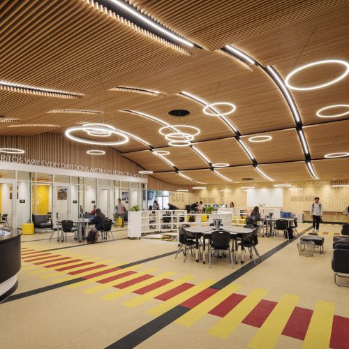 Interior photography of renovated media center at Cerritos High School in the ABC School District. Design and construction managment by Huckabee.