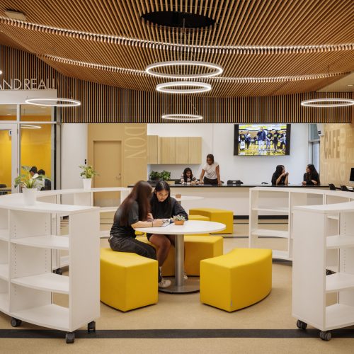 Interior photography of renovated media center at Cerritos High School in the ABC School District. Design and construction managment by Huckabee.