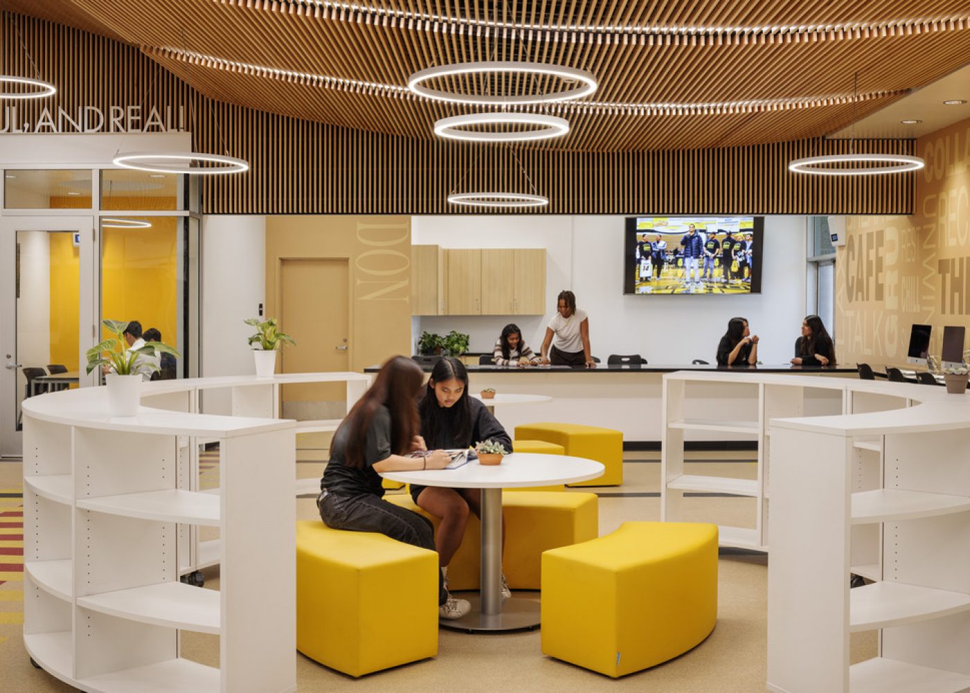 Interior photography of renovated media center at Cerritos High School in the ABC School District. Design and construction managment by Huckabee.