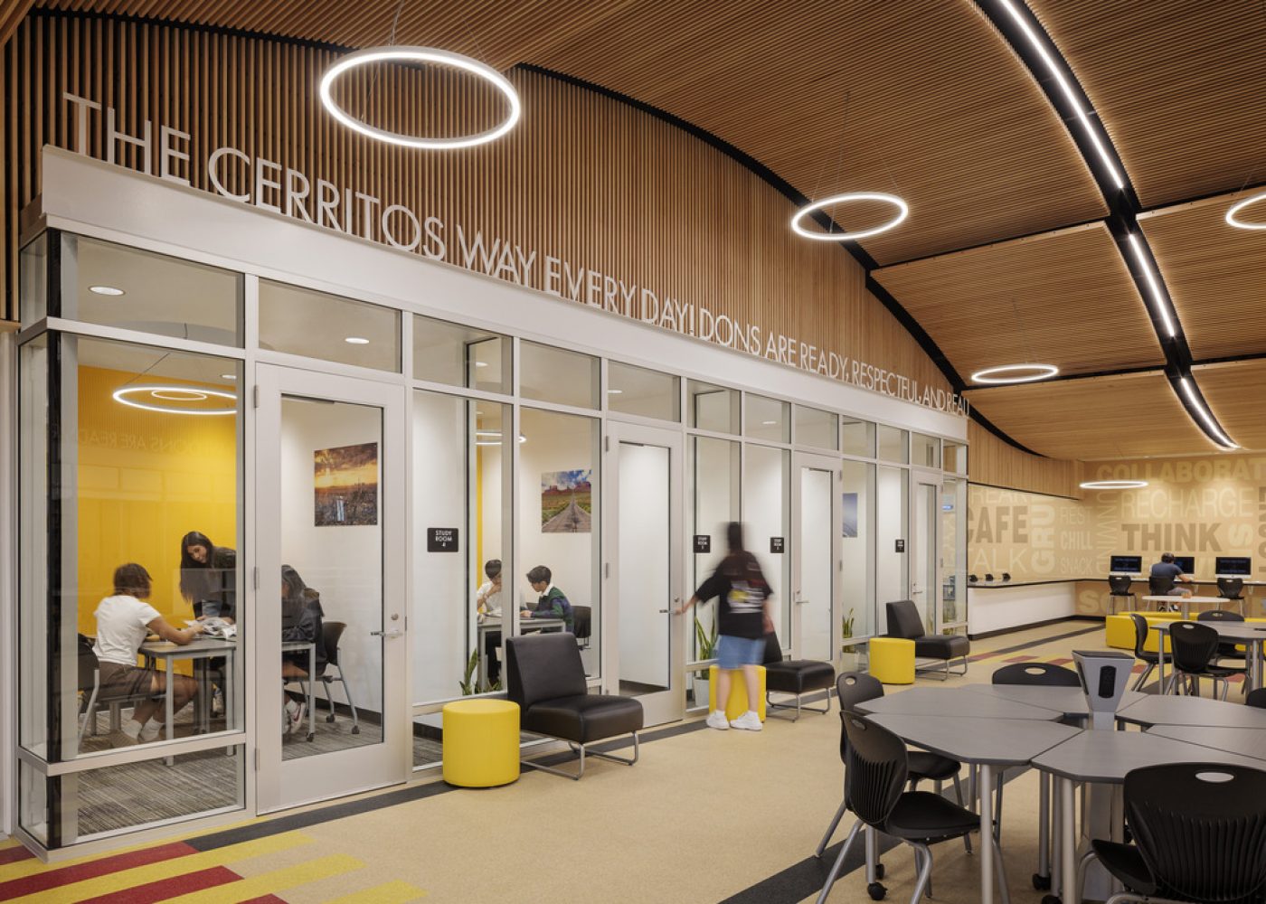 Interior photography of renovated media center at Cerritos High School in the ABC School District. Design and construction managment by Huckabee.