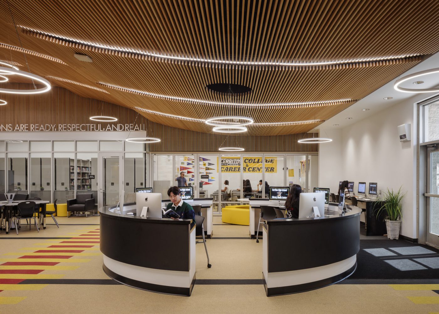 Interior photography of renovated media center at Cerritos High School in the ABC School District. Design and construction managment by Huckabee.