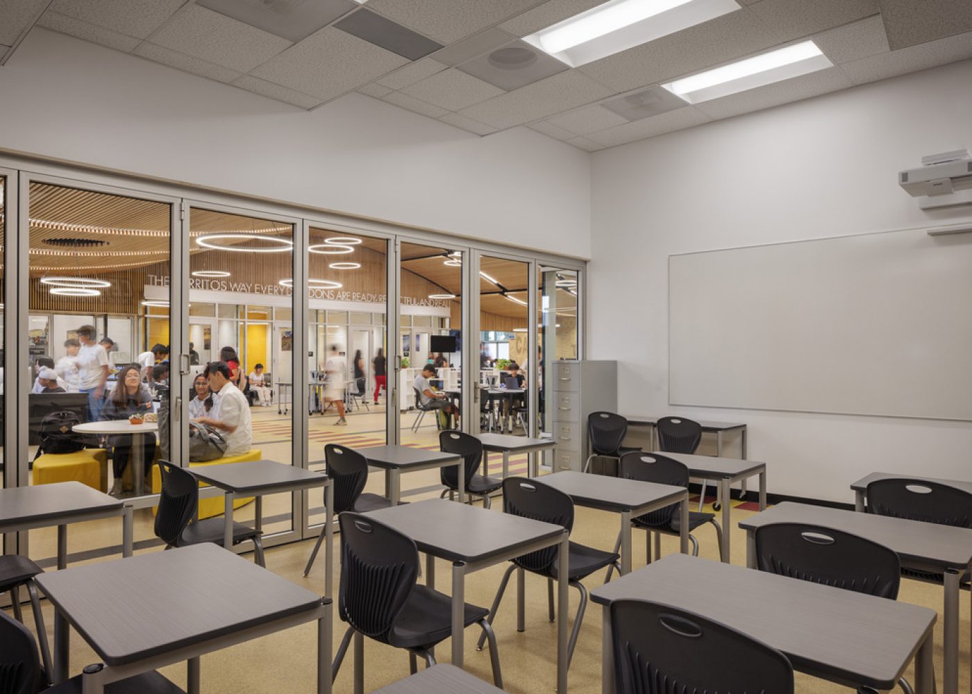 Interior photography of renovated media center at Cerritos High School in the ABC School District. Design and construction managment by Huckabee.