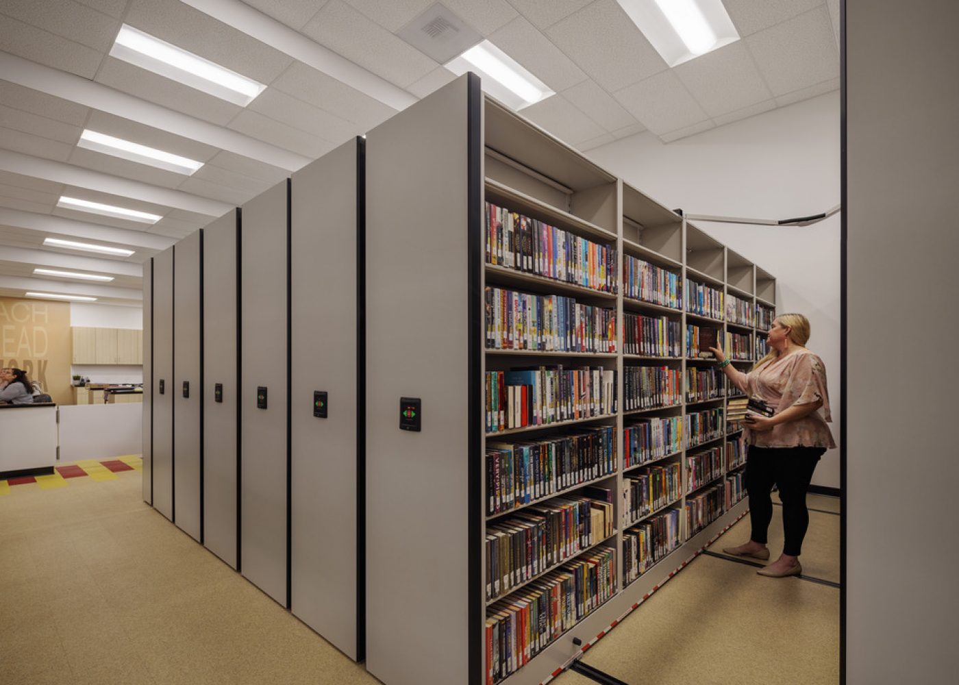 Interior photography of renovated media center at Cerritos High School in the ABC School District. Design and construction managment by Huckabee.
