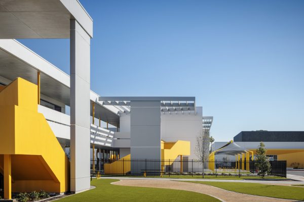 New middle school classroom building on the campus of Stauffer Middle School in Downey, California designed by Huckabee.