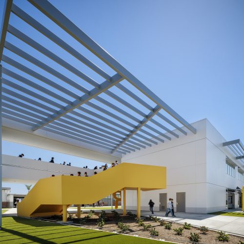 New middle school classroom building on the campus of Stauffer Middle School in Downey, California designed by Huckabee.