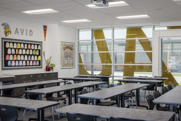 New middle school classroom building on the campus of Stauffer Middle School in Downey, California designed by Huckabee.