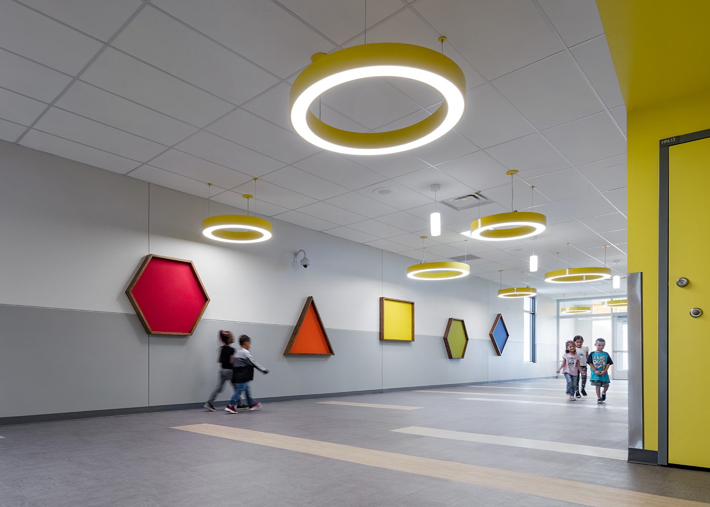 The Kinder Care area at Jenkins Elementary School in Las Vegas, NV. The geometric boards allow teachers to post artwork and other items.