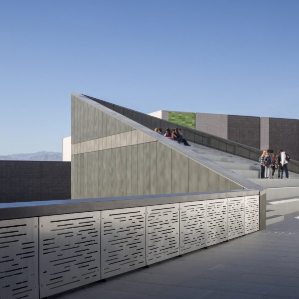The exterior amphitheater sits on the roof of the library building in the center of the courtyard. Northeast Career Technical Academy, a technical high school in North Las Vegas, NV.