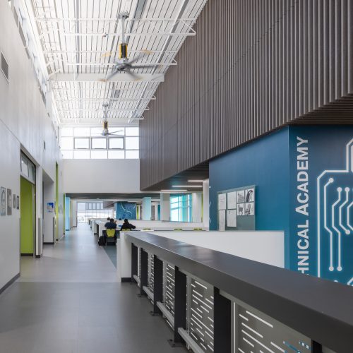 View of one of the hallways at the Northeast Career Technical Academy, a technical high school in North Las Vegas, NV.