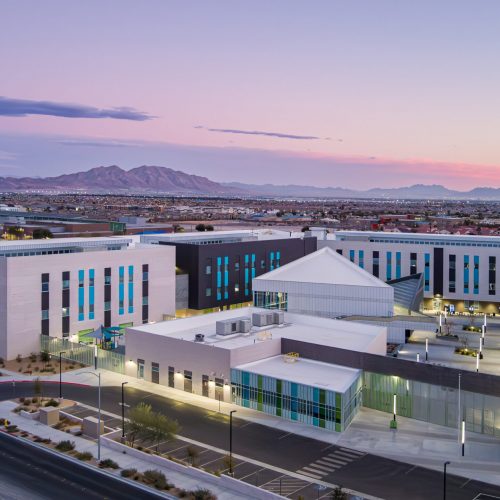 Aerial view of Northeast Career Technical Academy, a technical high school in North Las Vegas, NV.
