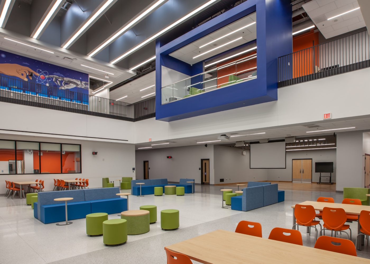 student social area with bright colors and collaborative seating|student classroom with bright colors and collaborative seating|student classroom with bright colors and collaborative seating|student school cafeteria with bright seating|student classroom with bright ceiling decoration green chairs|study room in school with large open windows|success mural in school hallway bright colors|learning area collaboration school bright colors||||||||||||||