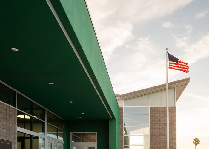 In the late afternoon, light filters through the multi-purpose room as seen in this exterior view of the main entrance to Ullom Elementary School in Las Vegas, NV.