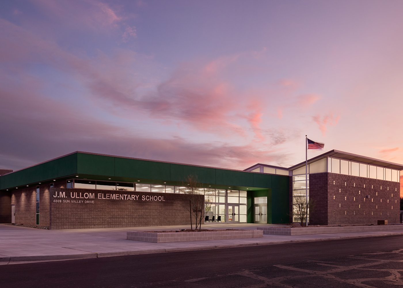 A sunset view of Ullom Elementary School in Las Vegas, NV.