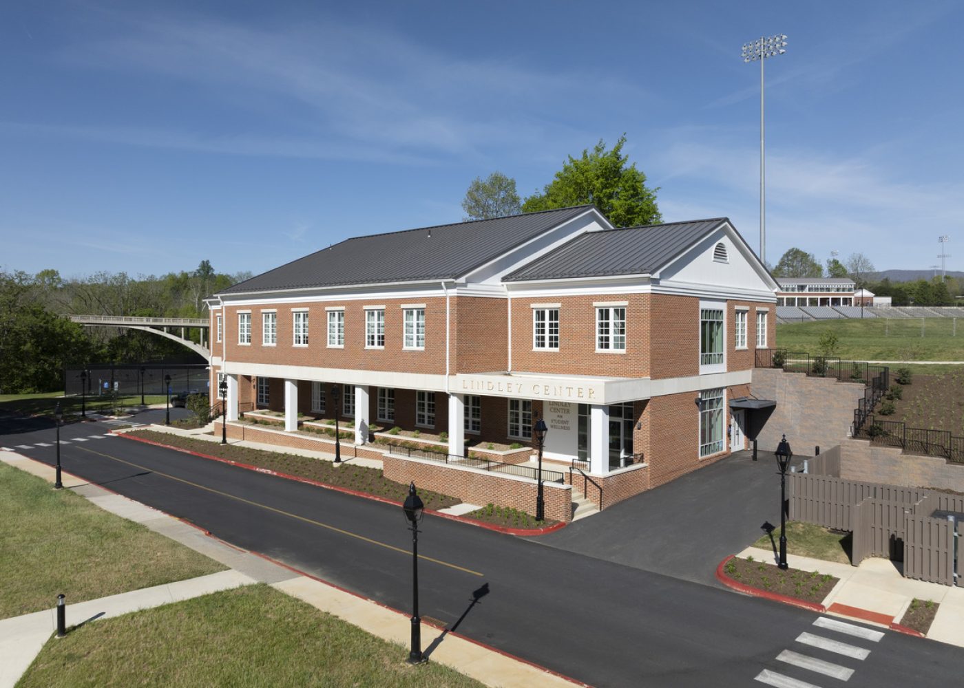 Drone Aerial image of Washington Lee University Lindley Center for Student Wellness in Lexington, VA by Carson King of CPI Productions
