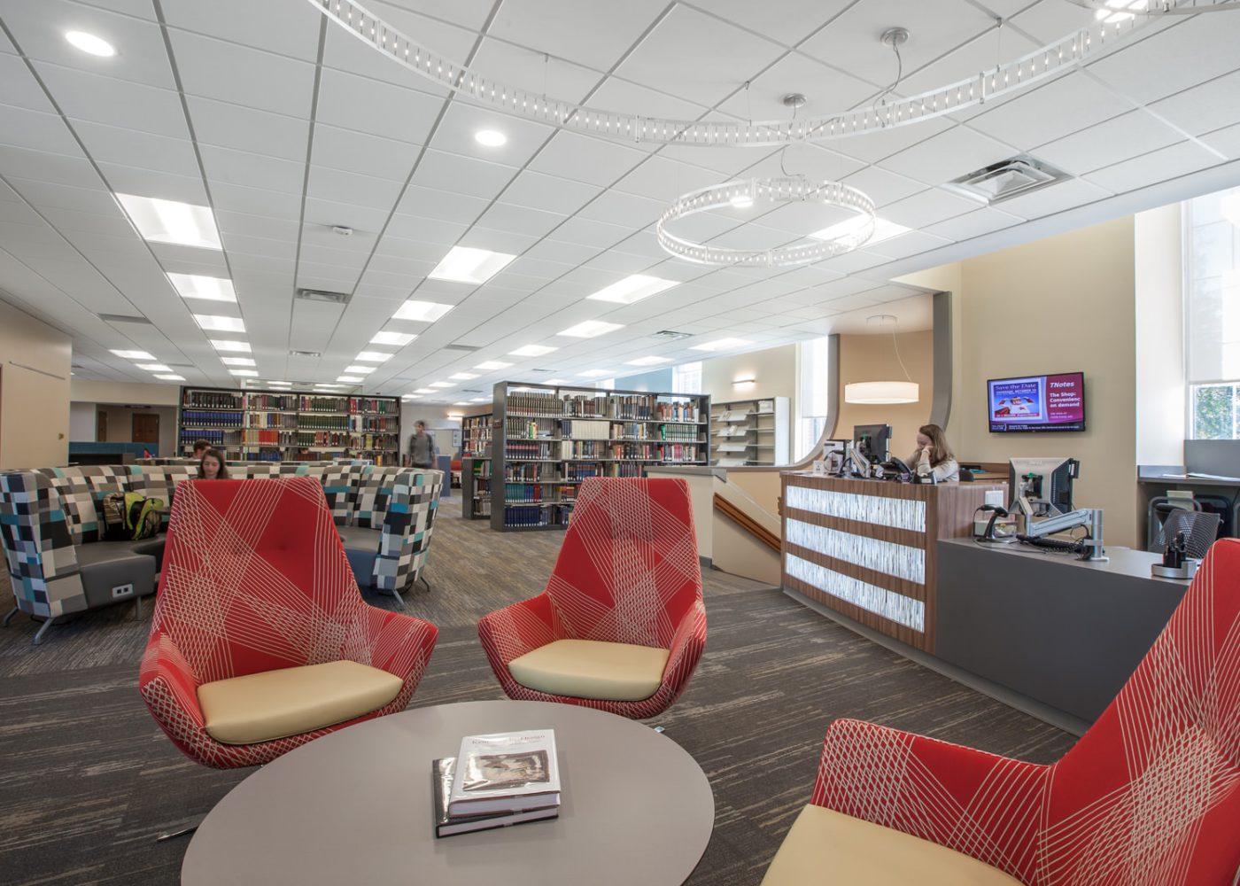higher education front desk library|higher education lobby space|higher education library student space|higher education student studying library|higher education collaborating student space|higher education study space student collaborating||||||||||